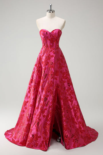 Fuchsia Floral Jacquard Sweetheart Prinsesse Lang Korset Gallakjole med Slids